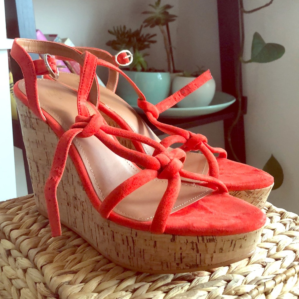 Strappy orange suede wedges